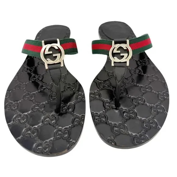 Gucci Interlocking GG Thong Sandal Black Leather Flat Flip Flop Slide EU 39 US 9 - Picture 4 of 14